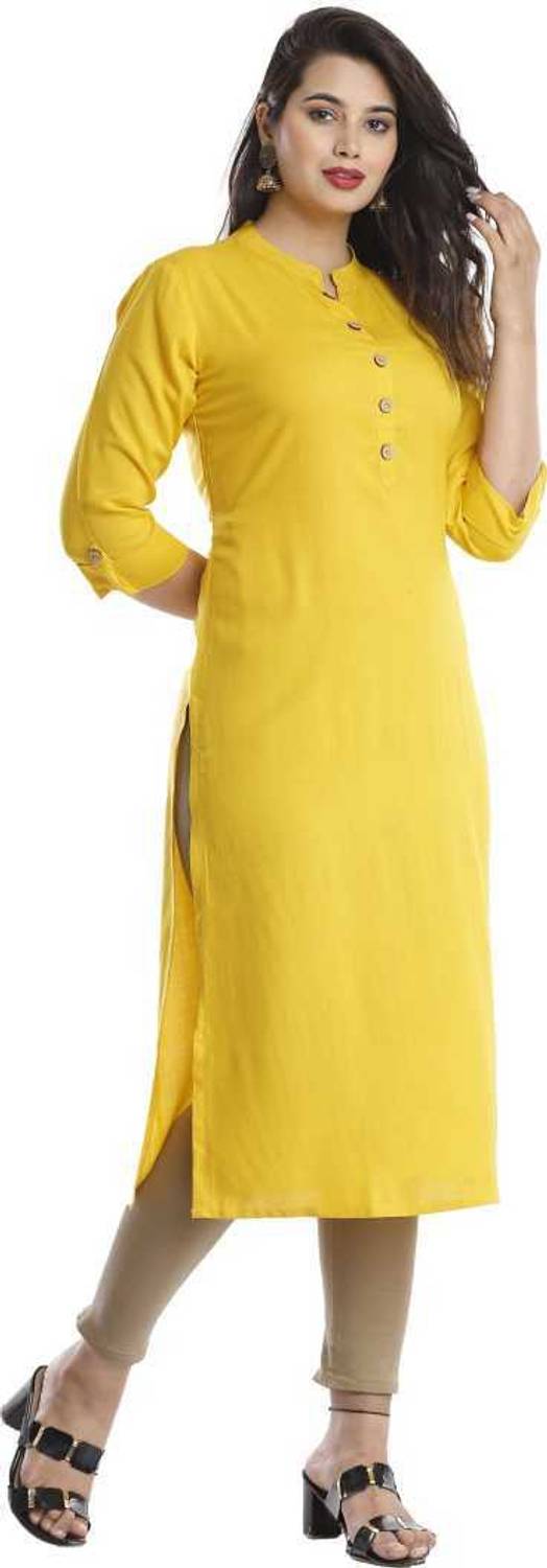 MOUYAL ART Women Solid Viscose Rayon Straight Kurta (Yellow)