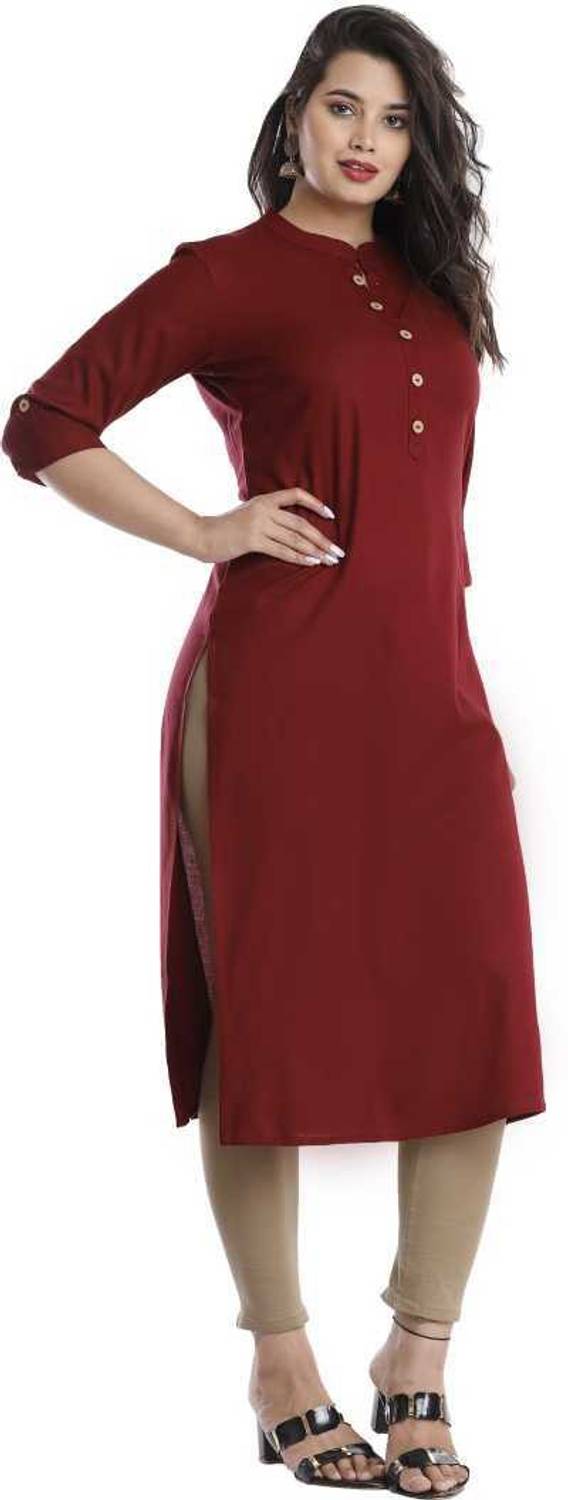 MOUYAL ART Women Solid Viscose Rayon Straight Kurta (Maroon)