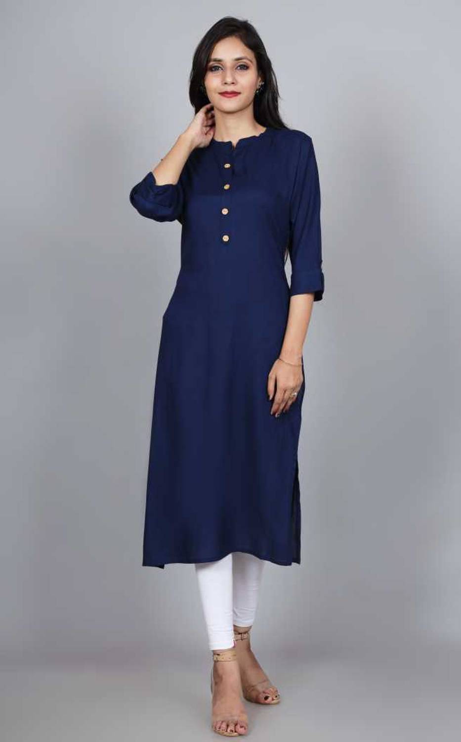 MOUYAL ART Women Solid Viscose Rayon Straight Kurta (Dark Blue)