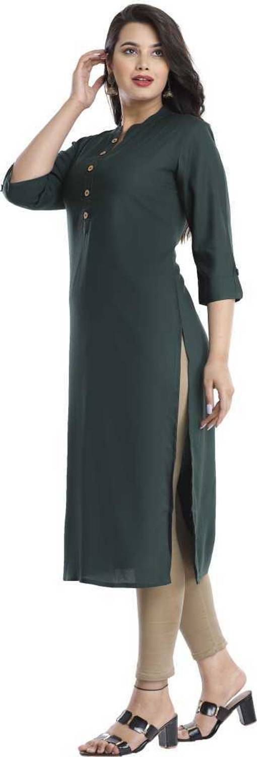 MOUYAL ART Women Solid Viscose Rayon Straight Kurta (Dark Green)