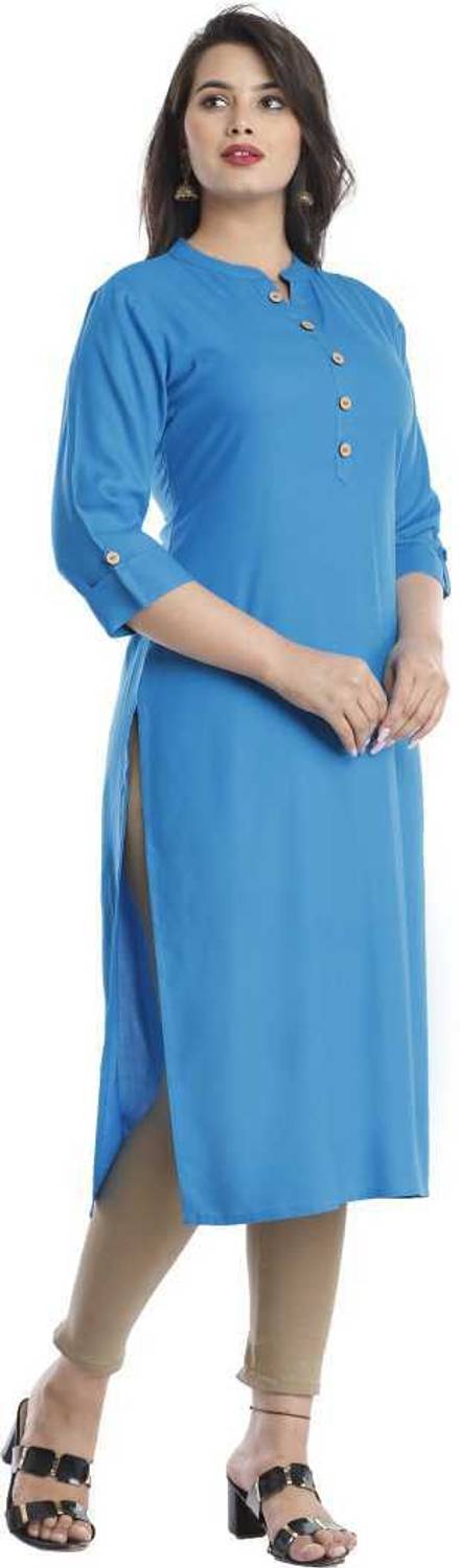 MOUYAL ART Women Solid Viscose Rayon Straight Kurta (Light Blue)