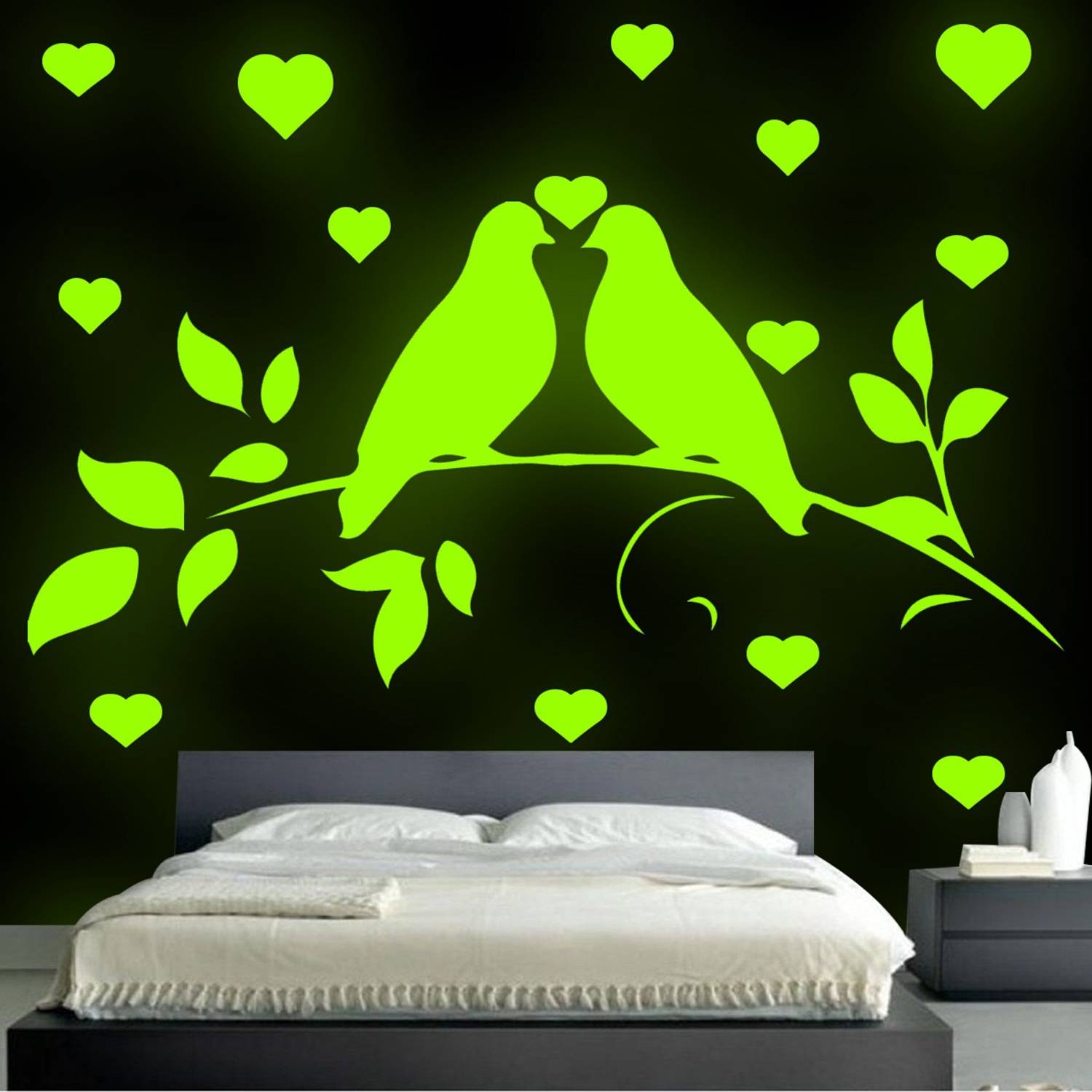 Ashamohar 29 cm Green color Love Birds Wall Decal, Creative Flying Bird Sticker Glow in the Dark Sticker
