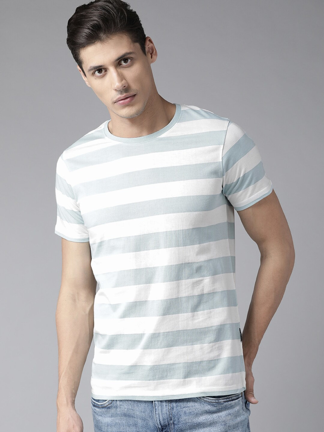 Image of Roadster Striped Men Round Neck Blue T-Shirt
