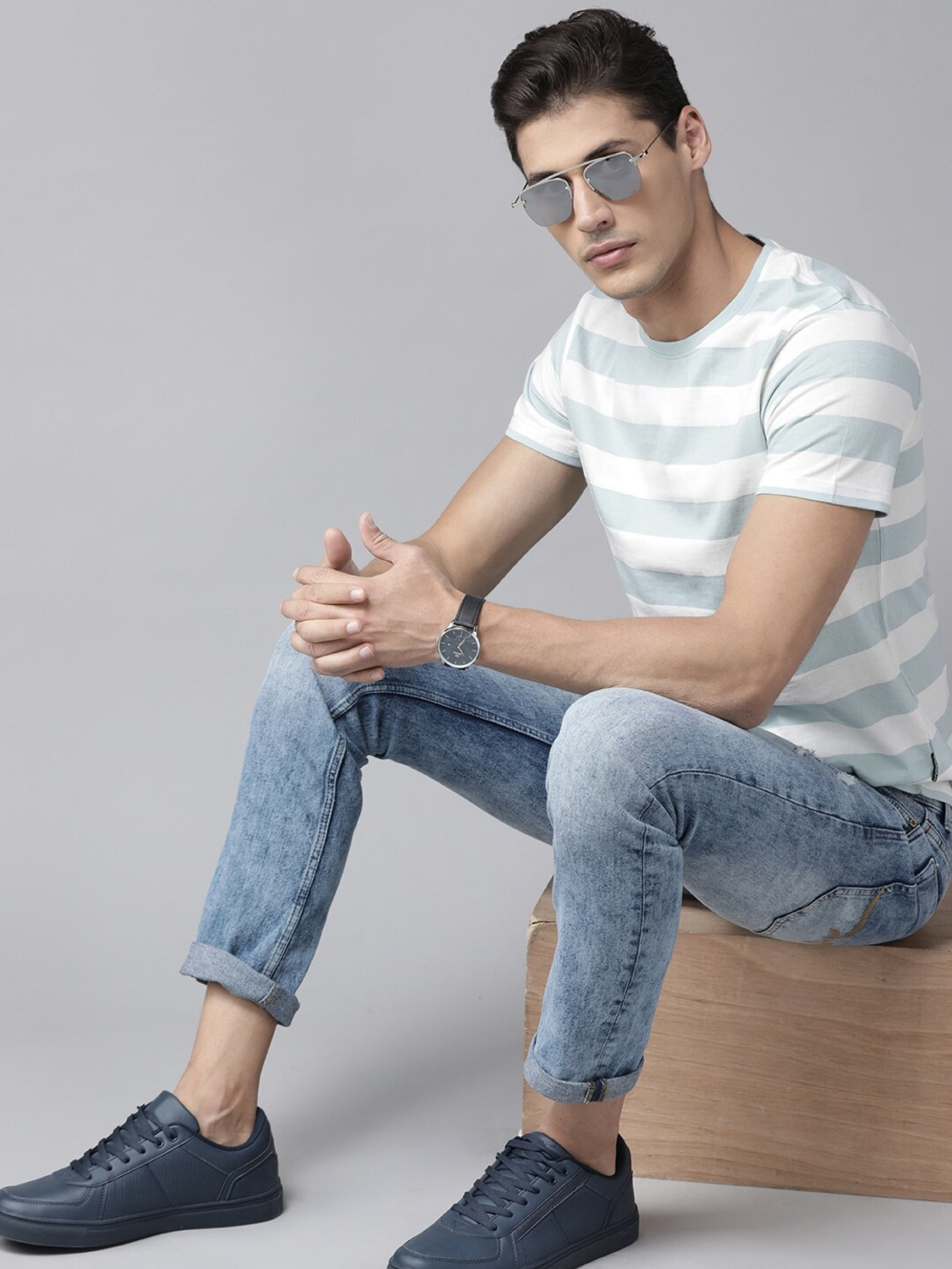 Image of Roadster Striped Men Round Neck Blue T-Shirt