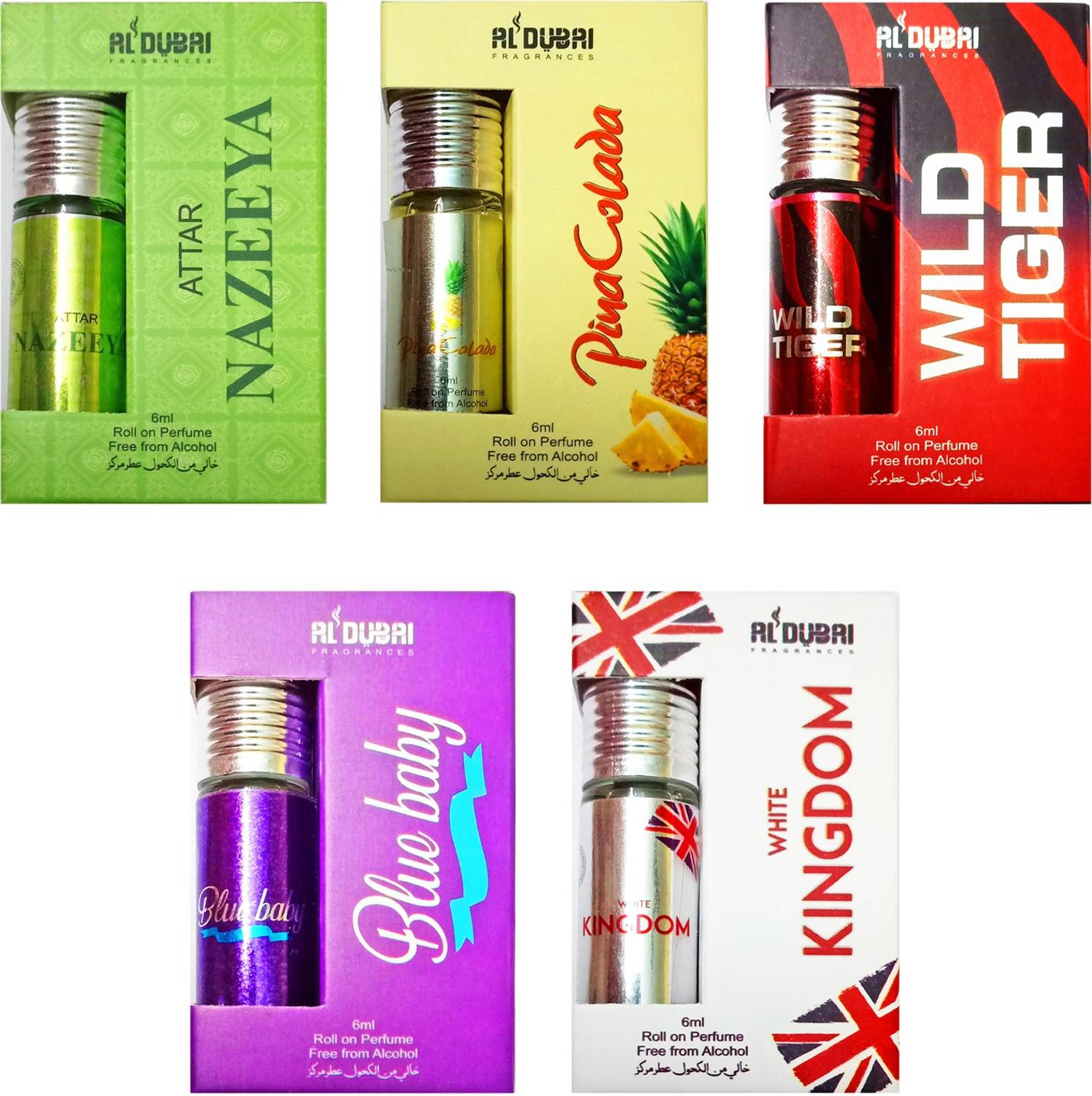 AL DUBAI Nazeeya, Pina Colada, Wild Tiger, B Baby, White Kingdom Non Alcoholic 6ml Attar Floral Attar