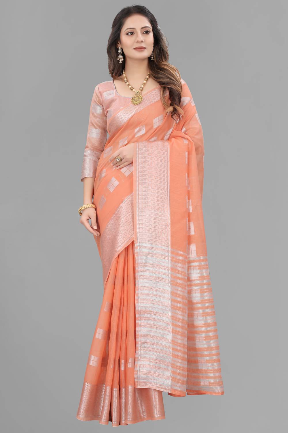Satani enterprise Self Design Chanderi Cotton Linen Saree (Orange