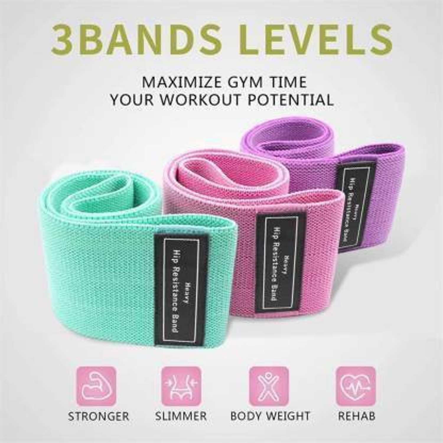Image of M MOD CON Pack of 3 Fabric Resistance Loop Exercise Bands for Hips, Thighs, Legs, Fitness Resistance Tube
