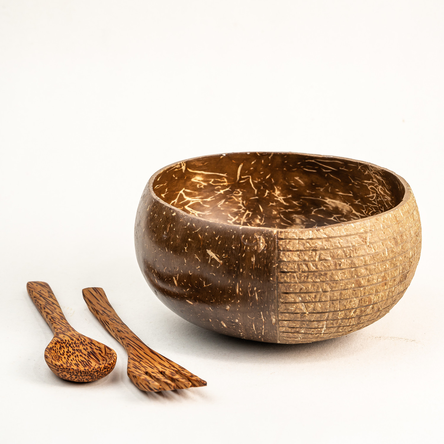 Image of Thenga Wooden Serving Bowl Hand Carved Jumbo Coconut Bowl - 900 ML, 1 Bowl with Spoon and Fork
