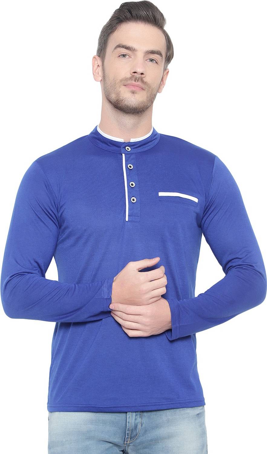Jangoboy Solid Men Mandarin Collar Dark Blue T-Shirt