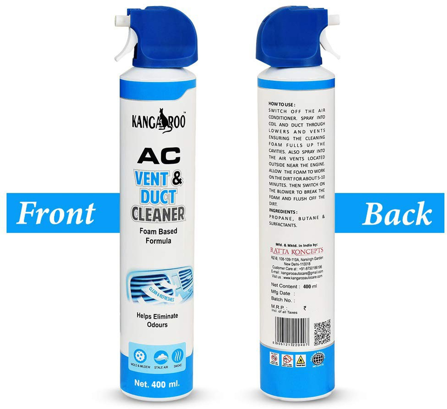 Image of KANGAROO Car AC Vent & Duct Cleaner Odor Neutralizer Spray Form AC Vent & Duct Cleaner 400 ML Each (PACK OF 1) Vehicle Interior Cleaner
