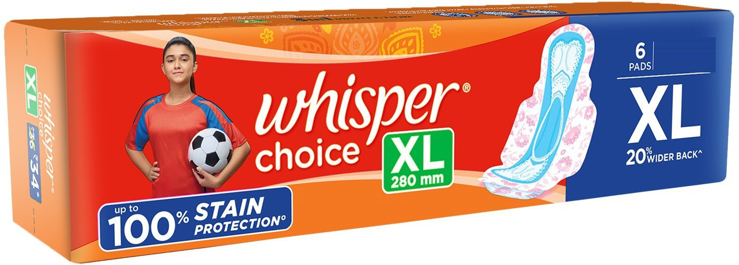 Image of Whisper CHOICE XL, UPTO 100% STAIN PROTECTION ALL DAY Sanitary Pad