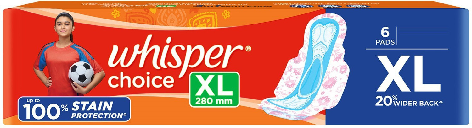 Image of Whisper CHOICE XL, UPTO 100% STAIN PROTECTION ALL DAY Sanitary Pad