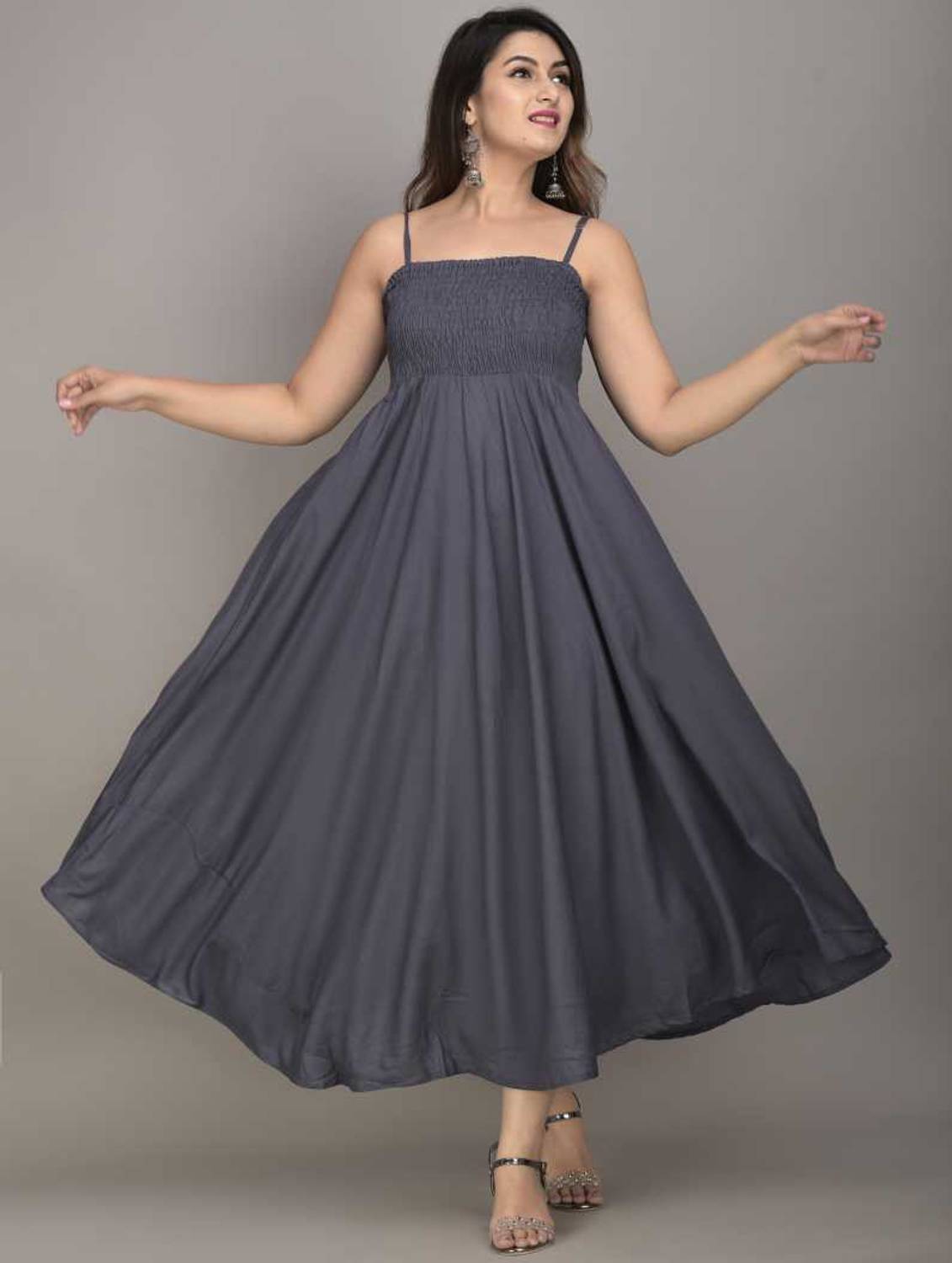 Jaipurivastra Women Gown Grey Ankle Length Dress