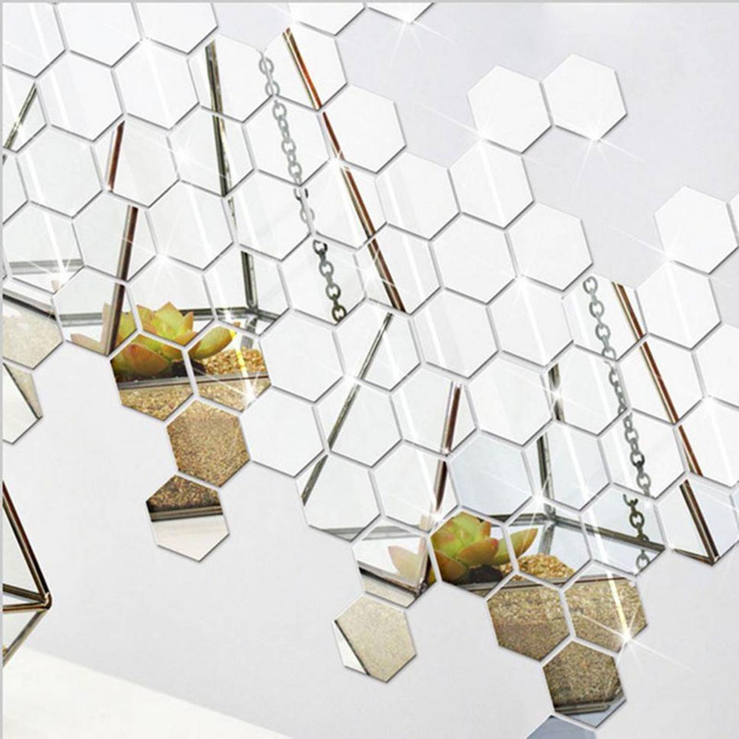 Bikri Kendra 151 cm 40 Hexagon silver 3D Mirror Wall Stickers Decorative Acrylic Stickers Self Adhesive Sticker