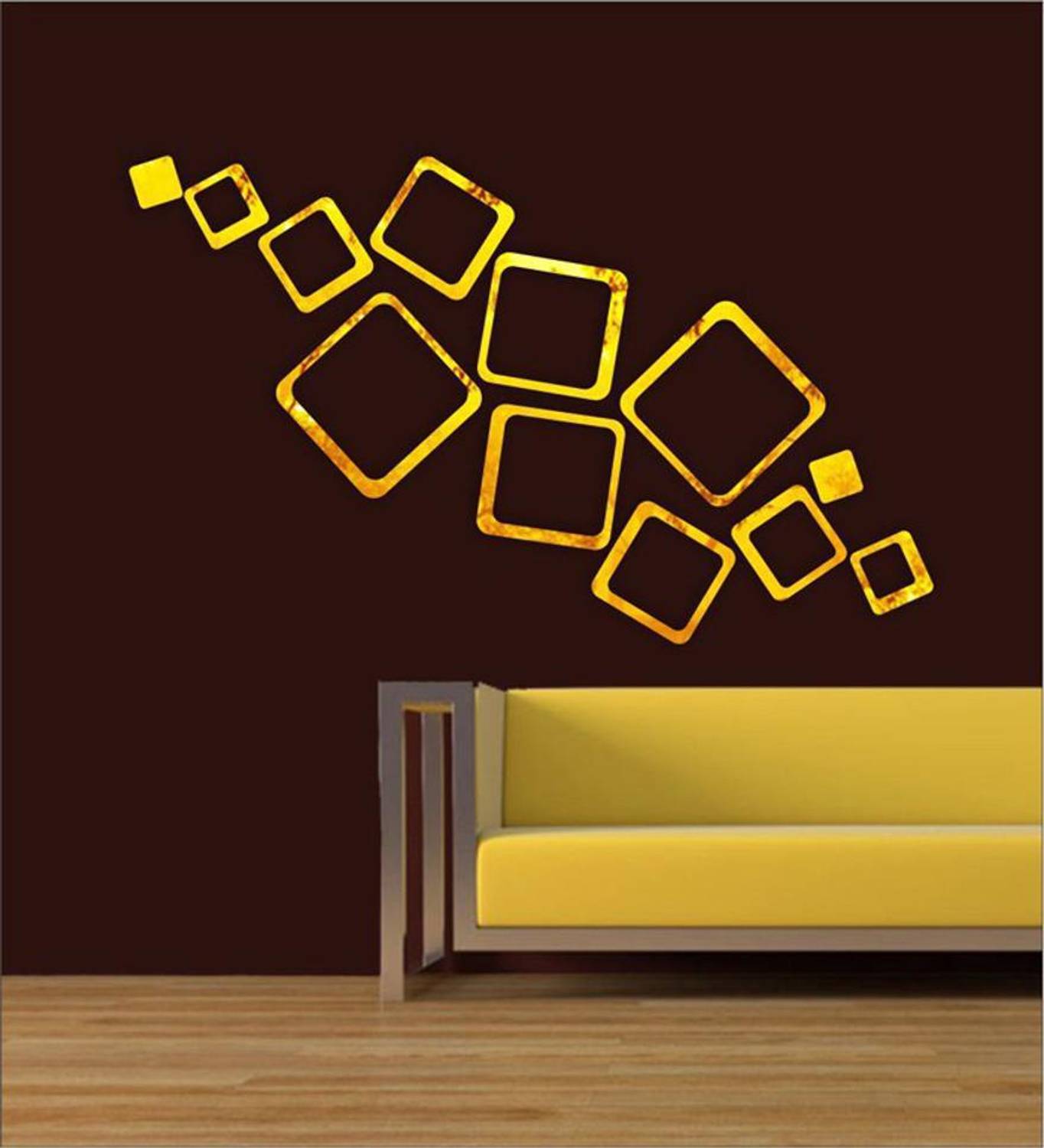 Bikri Kendra 151 cm 12 golden square 3D Mirror Wall Stickers Decorative Acrylic Stickers Self Adhesive Sticker