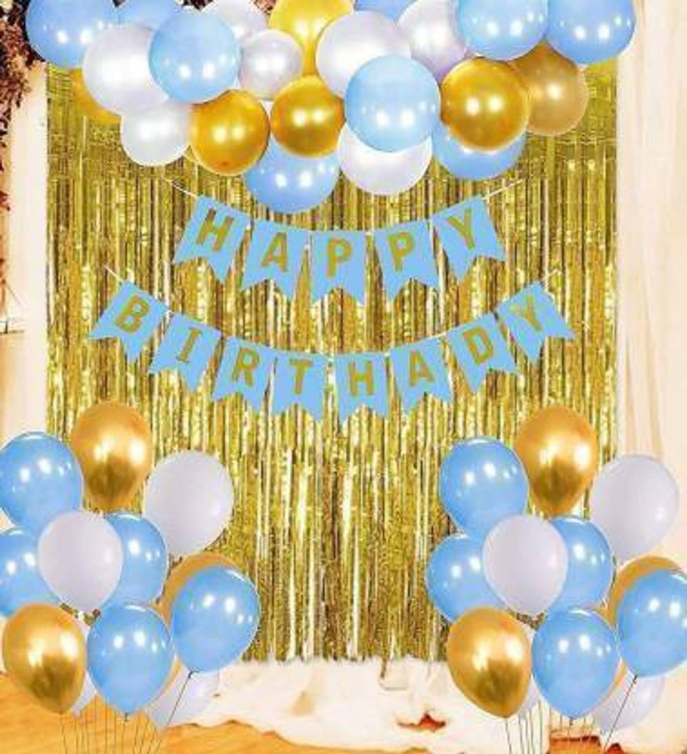 ADORNIO Solid HAPPY BIRTHDAY BLUE BANNER 1 pc+ curtain 2 pcs+ 30 pcs Metallic balloons Balloon