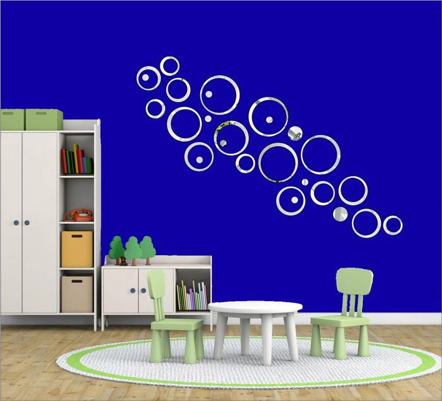 Bikri Kendra 151 cm 27 silver rings and dots 3D Mirror Wall Stickers Decorative Acrylic Stickers Self Adhesive Sticker
