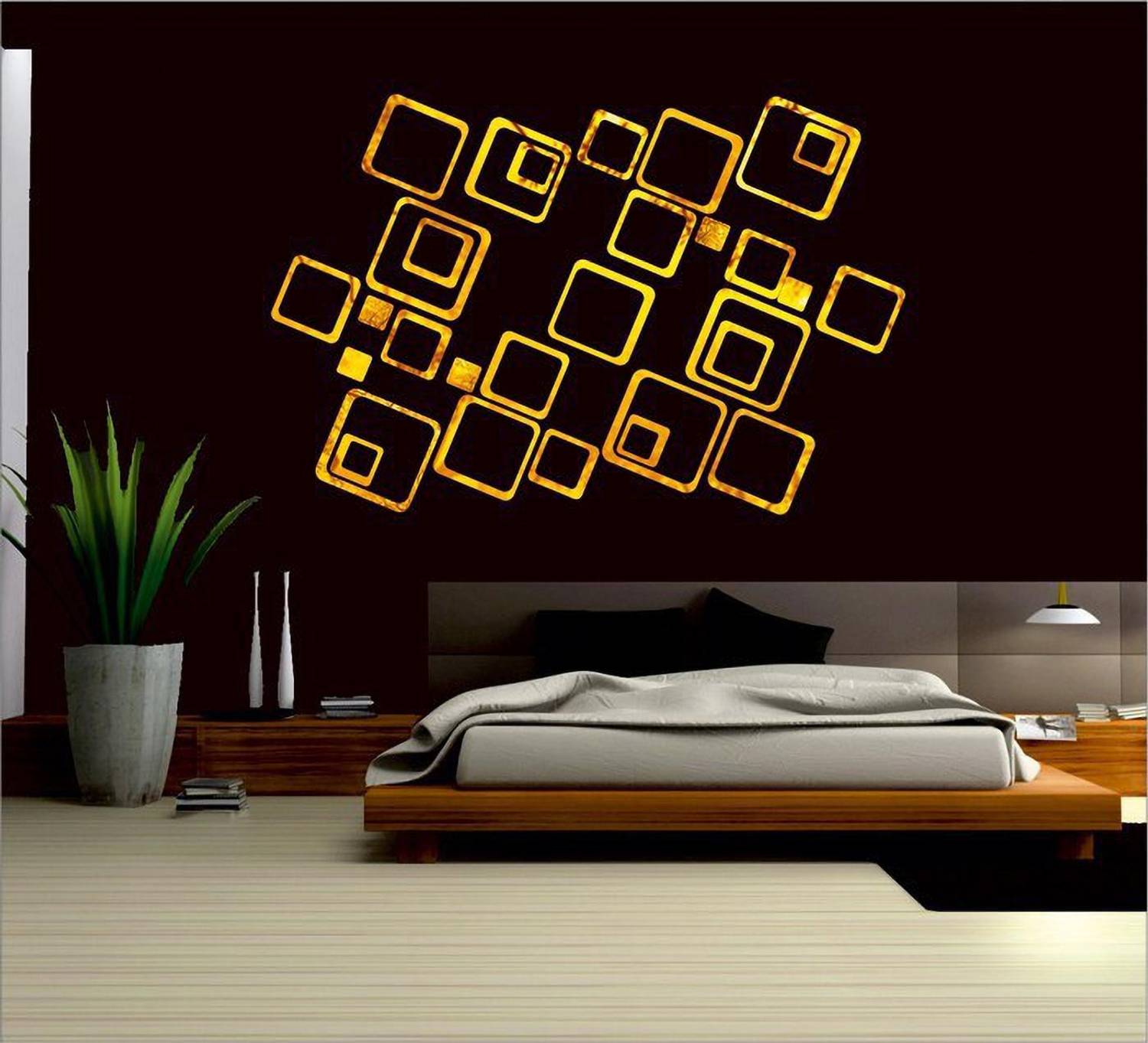 Bikri Kendra 151 cm 30 golden square 3D Mirror Wall Stickers Decorative Acrylic Stickers Self Adhesive Sticker