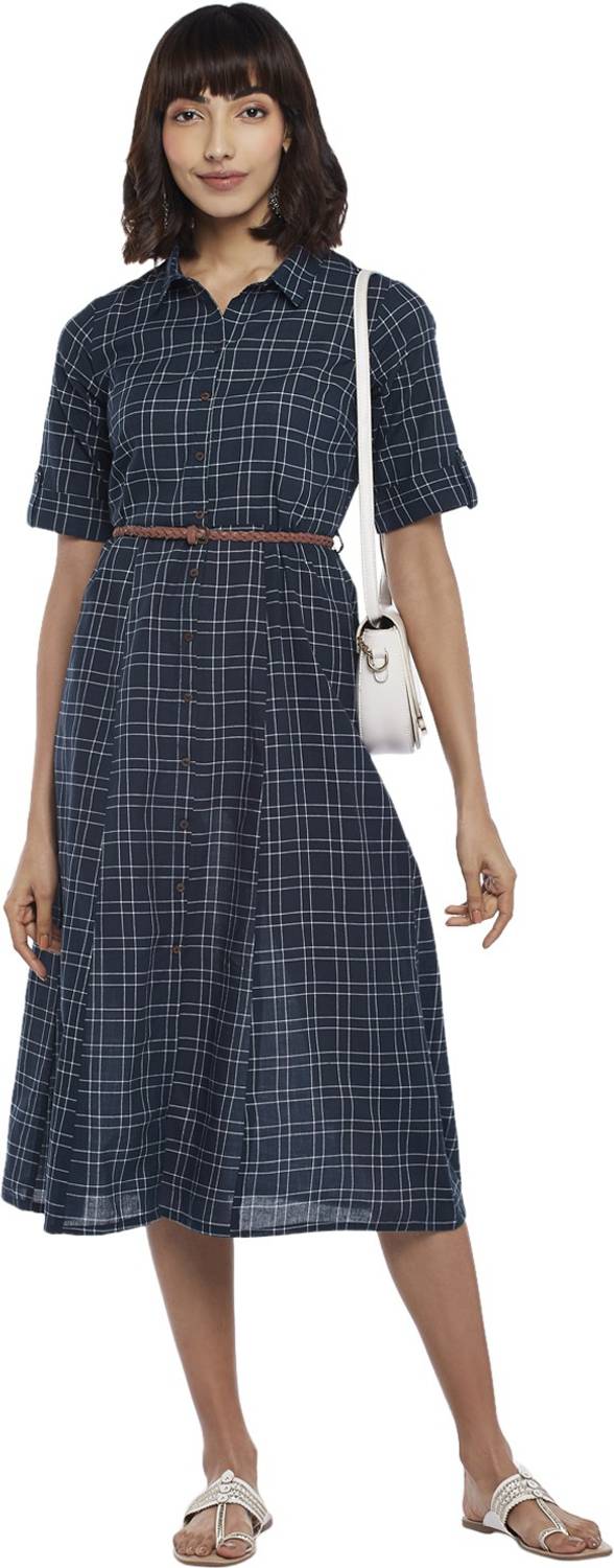 Akkriti by Pantaloons Women Shirt Blue, White Below Knee Dress