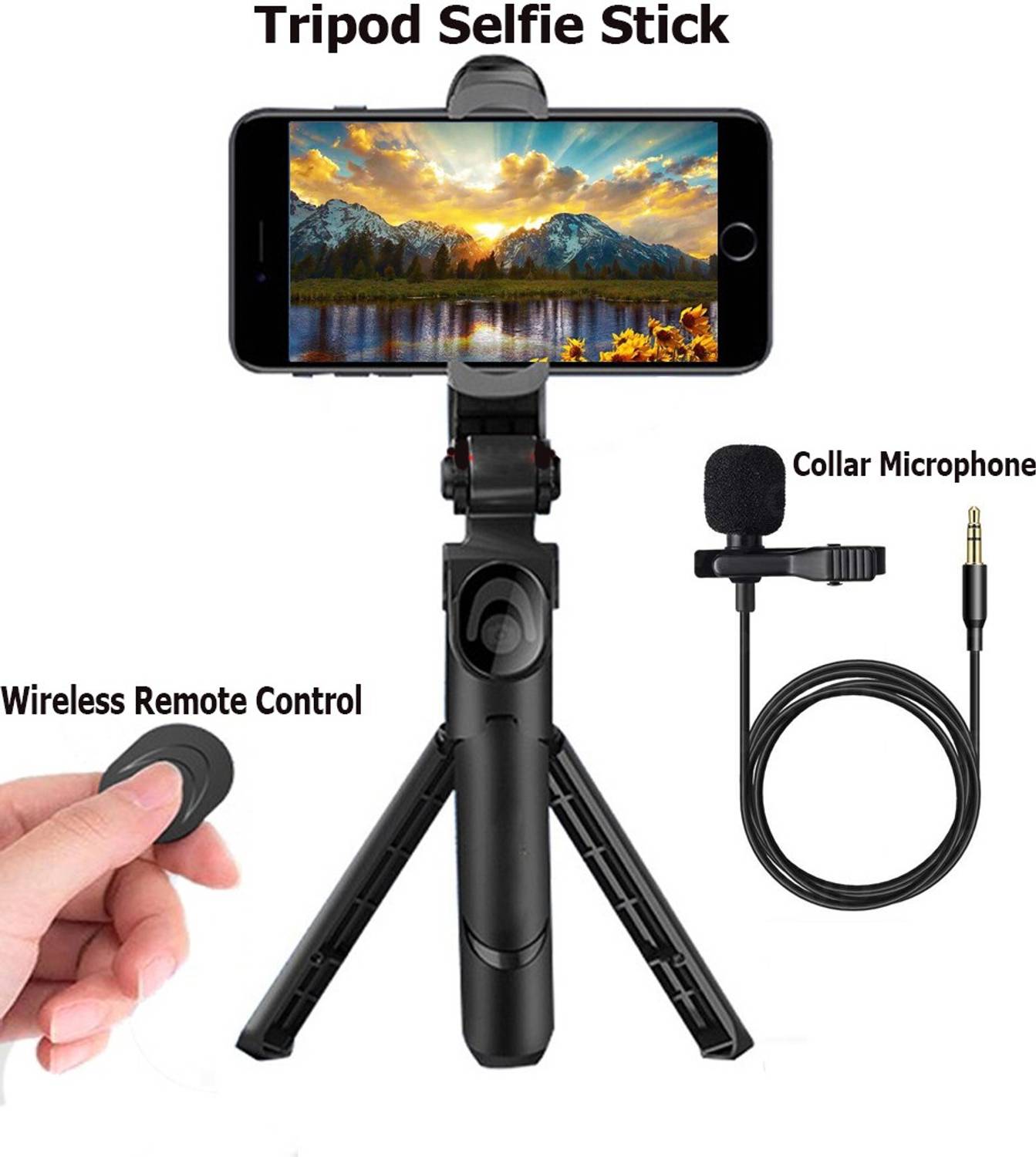 PULTO Lapel Collar Microphone Stand Selfie Stick Tripod with BT Selfie Shutter Remote Single Gimbal for Mobile