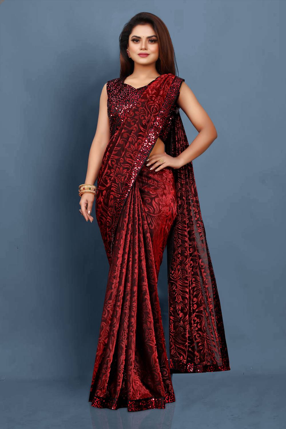 Dhyey Fashion Woven Bollywood Lycra Blend Saree (Maroon)