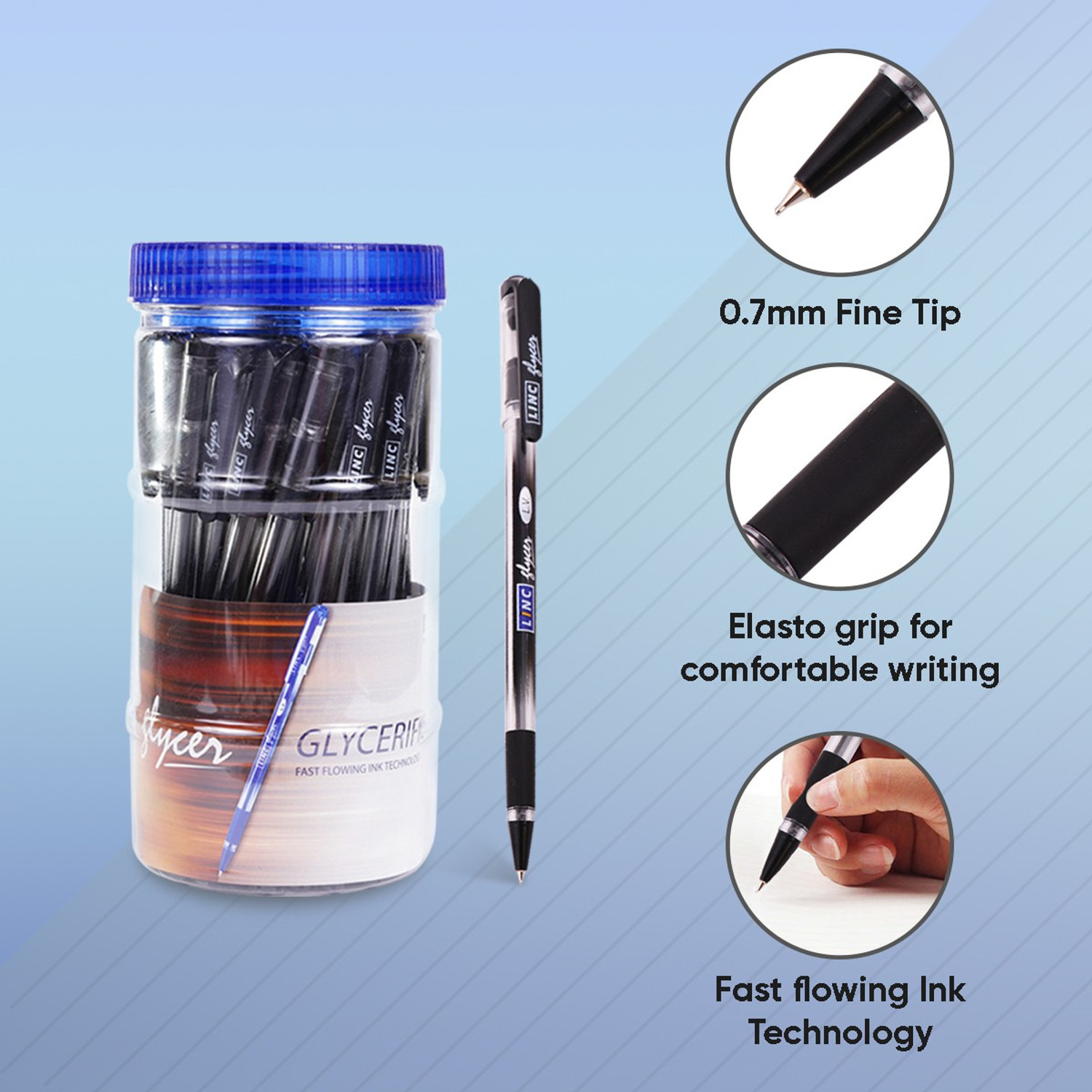 Image of Linc Glycer 0.7mm Ball Pen Jar | Fast Flowing Ink & Soft Rubber Grip | Smooth Writing Ball Pen