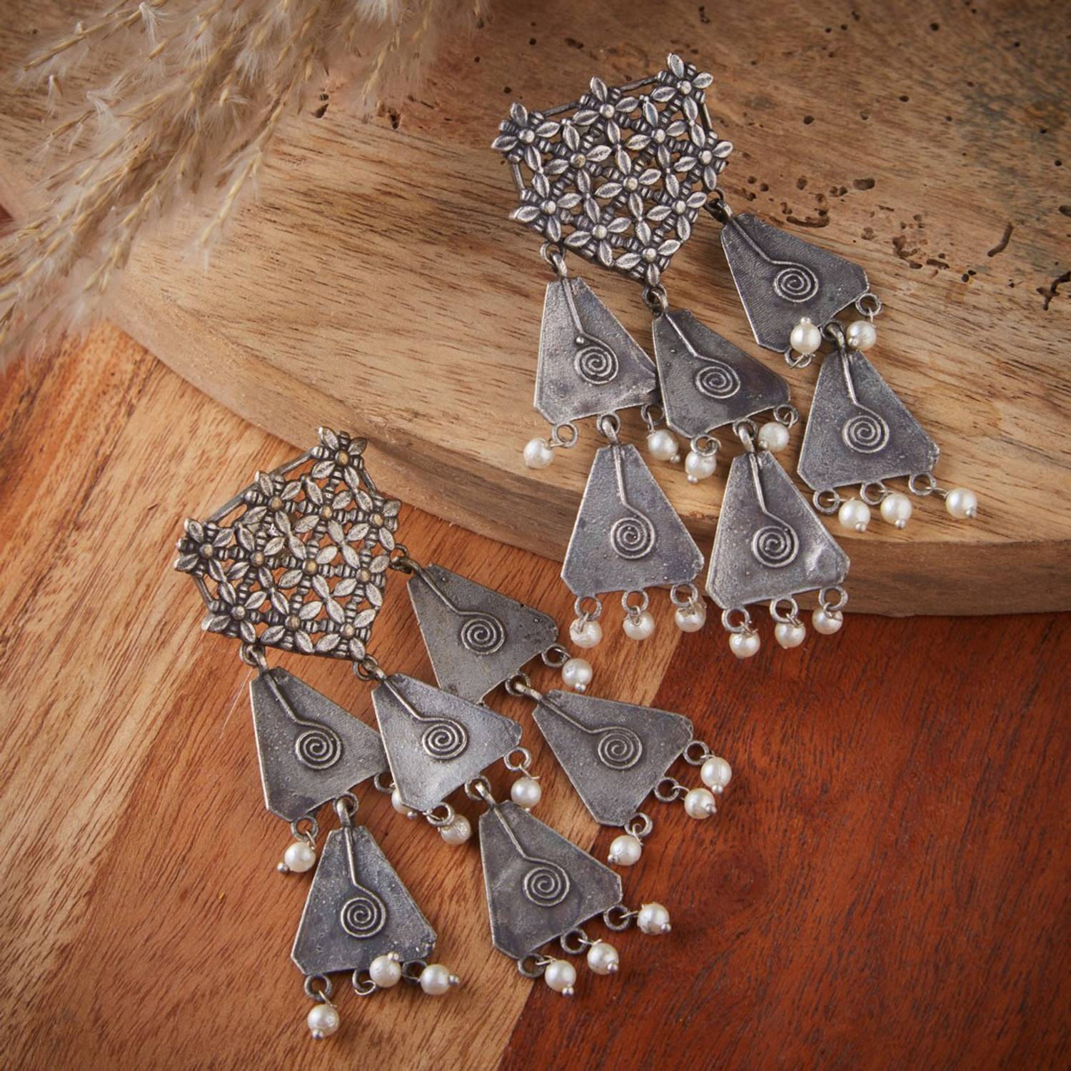 Atibelle Atibelle Oxidised Silver-Plated German Silver Floral inspired with Beads Drop Beads Brass Drops & Danglers