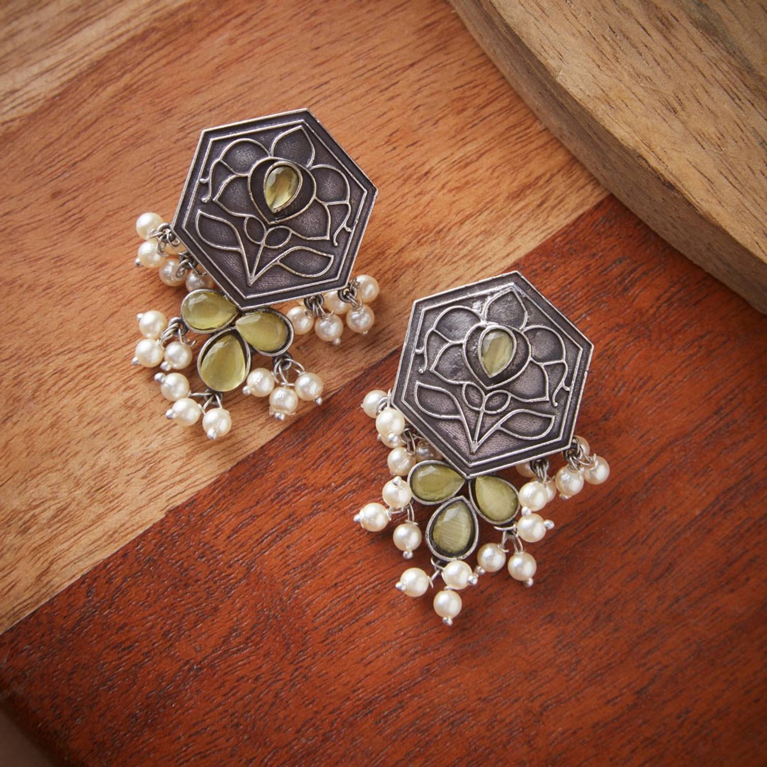 Atibelle Atibelle Oxidised Silver-Plated German Silver Pastel color with Beads Drop Agate Brass Stud Earring