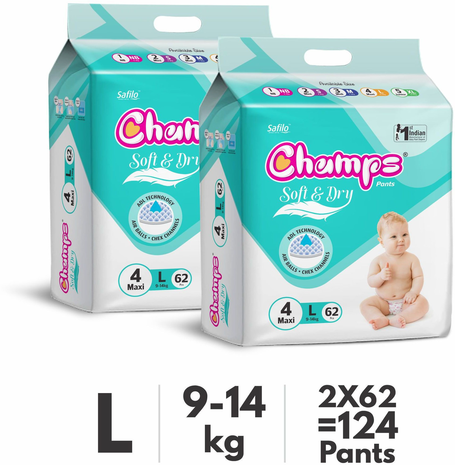 Image of Champs Soft & Dry Baby Pants Diapers Pant Diapers - L