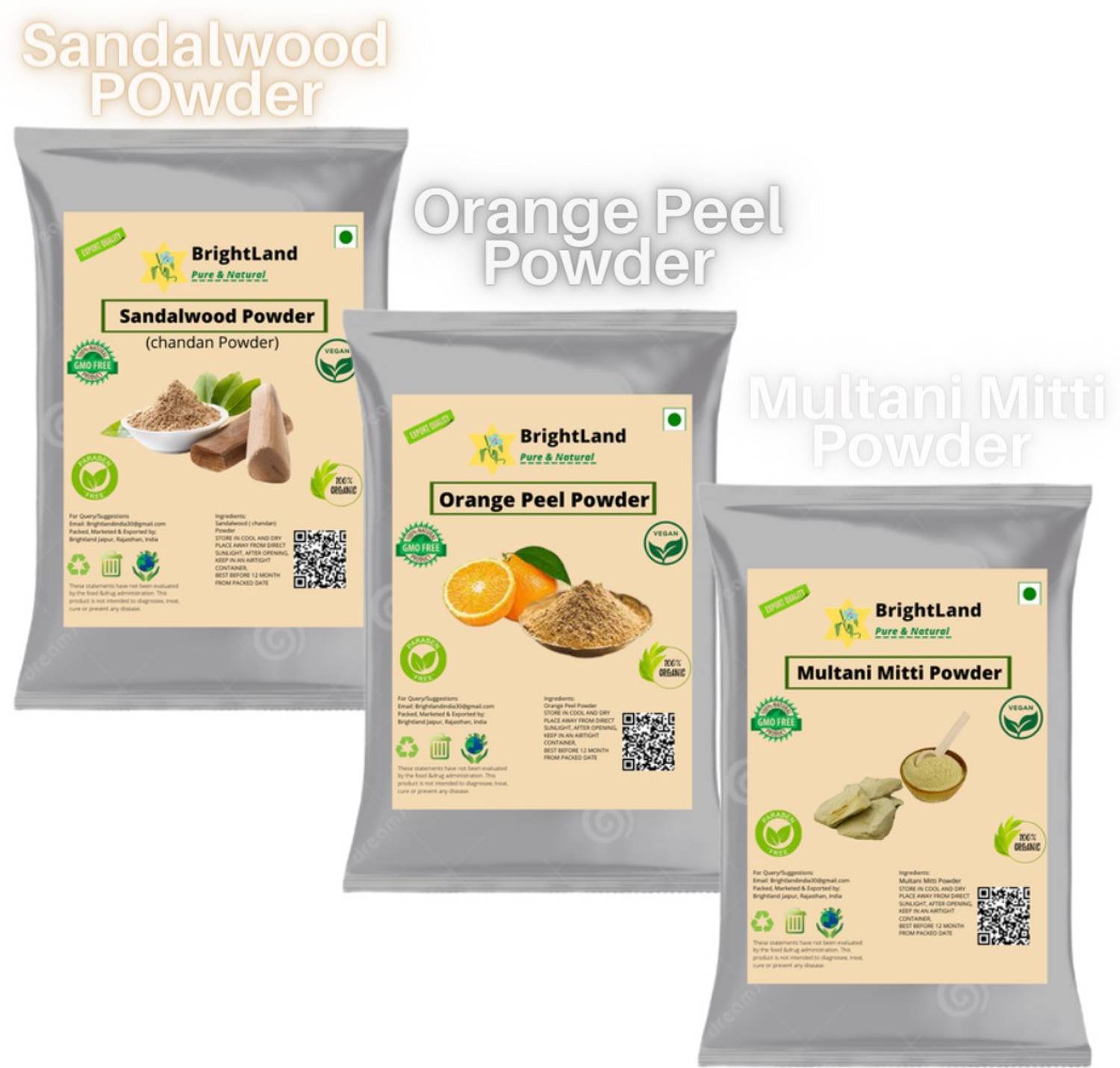 Brightland 100% Bio Organic Multani Mitti (Fuller's Earth) Orange Peel Sandalwood Powder (Chandan) for Face and Skin [60gm Each]
