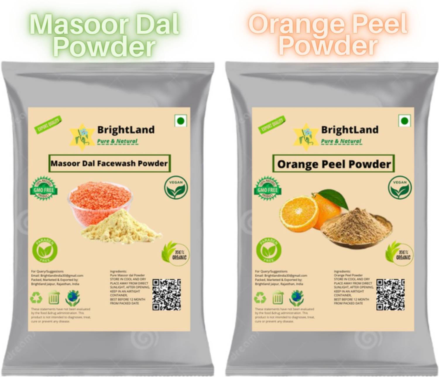 Brightland 100% Premium Orange Peel Powder and Masoor Dal (Red Lentils) FacePack Powder For Face & Skin Care [80gm Eacg]