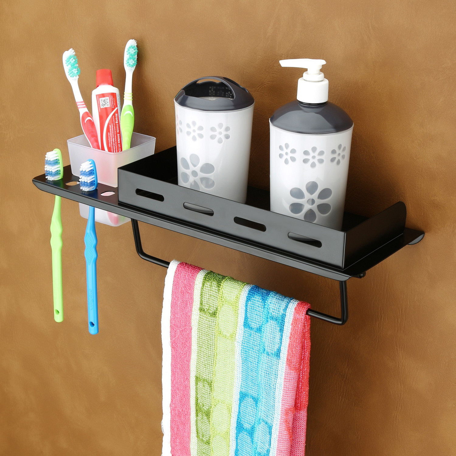 Image of Smartslide Bathroom With Tumbler Holder /Kitchen Shelf /Towel Rod /Accessories Steel Wall Shelf