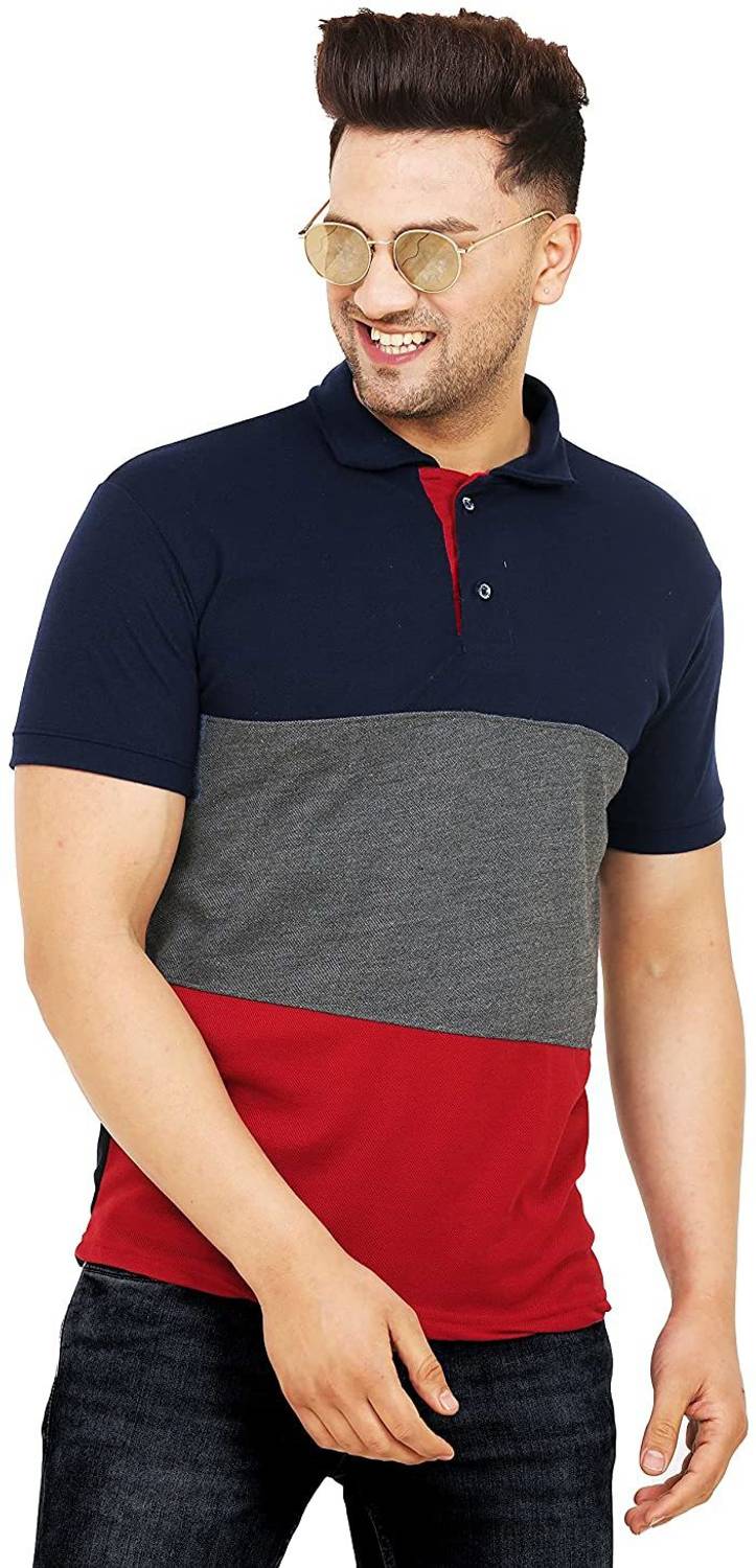 Leotude Men Colorblock Polo Neck Cotton Blend Multicolor T-Shirt