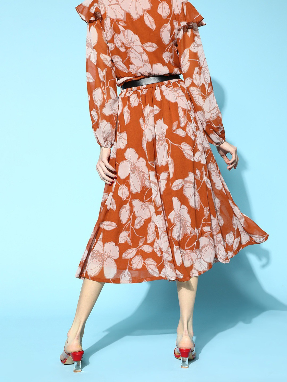Image of SASSAFRAS Floral Print Women Flared Brown Skirt