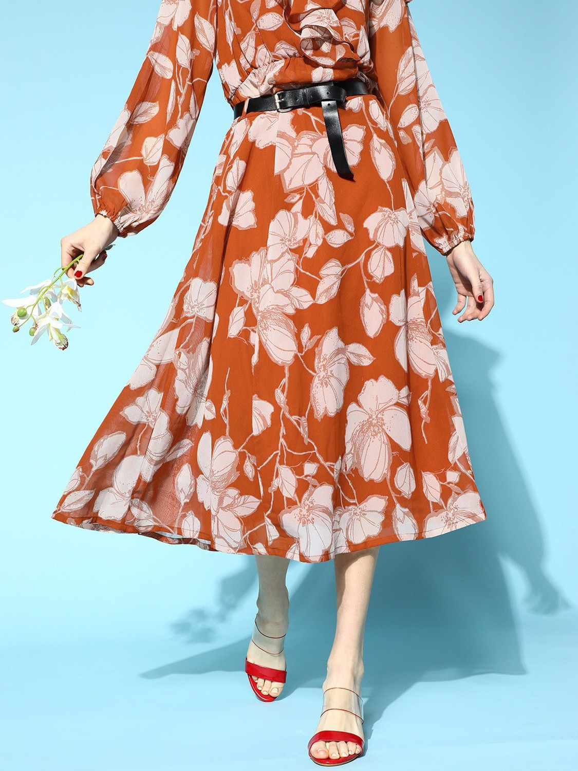 Image of SASSAFRAS Floral Print Women Flared Brown Skirt