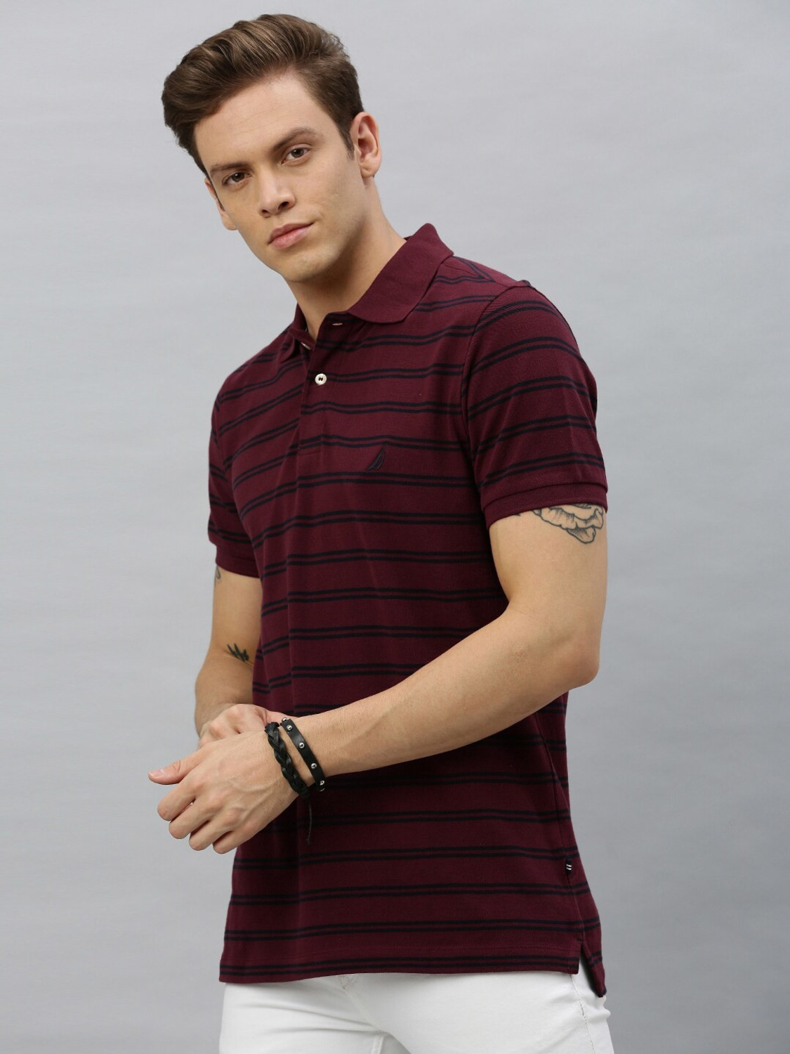 Image of NAUTICA Striped Men Polo Neck Maroon T-Shirt