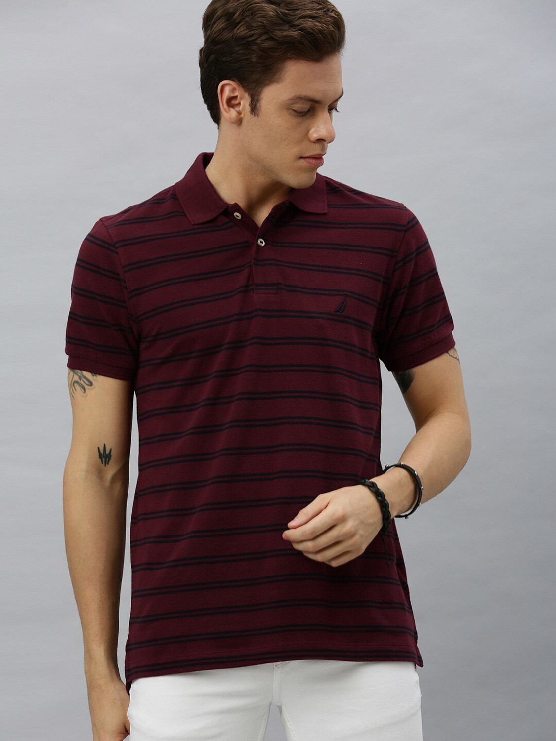 Image of NAUTICA Striped Men Polo Neck Maroon T-Shirt