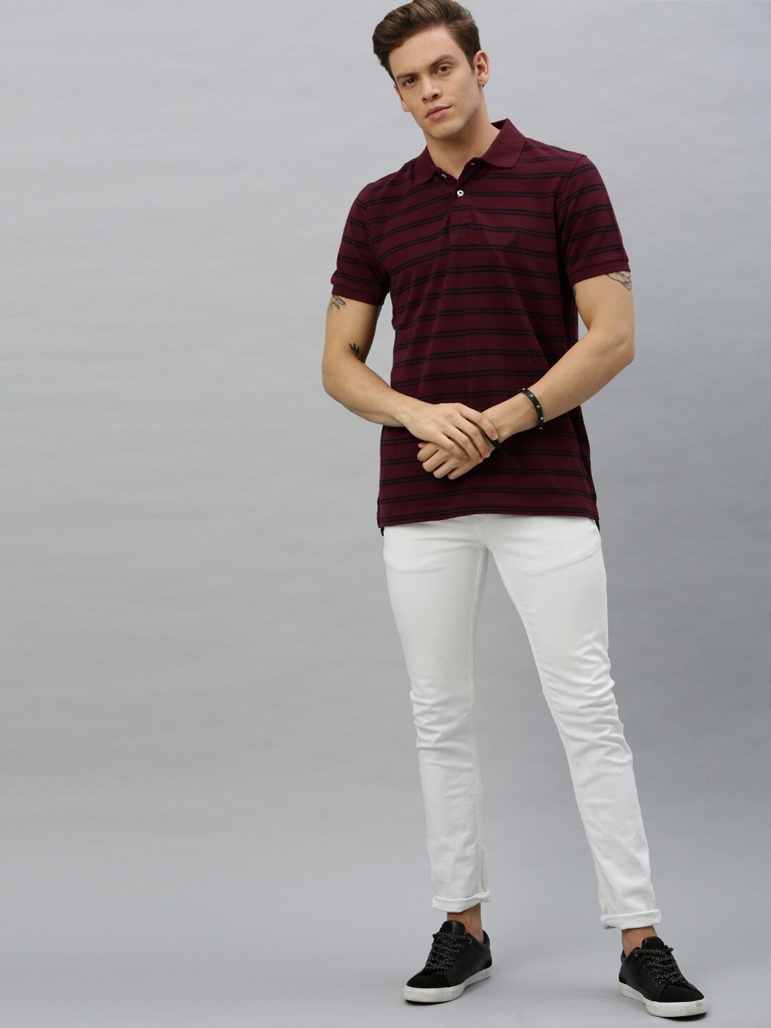 Image of NAUTICA Striped Men Polo Neck Maroon T-Shirt