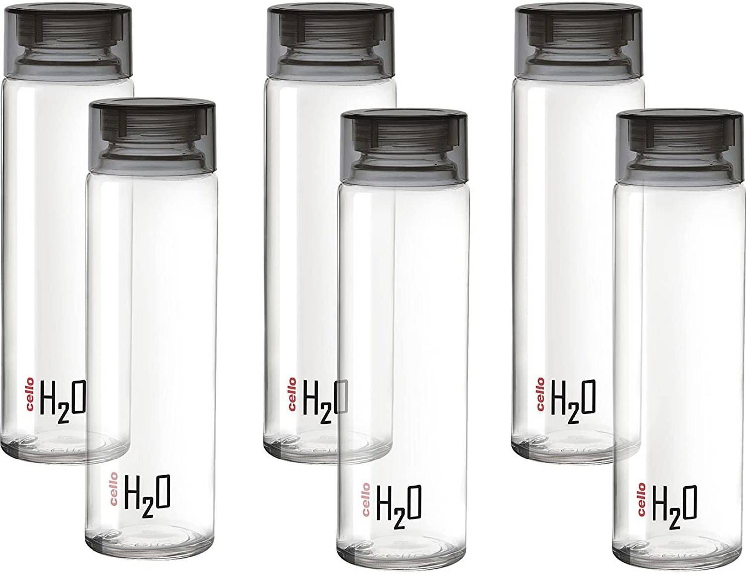 cello H2O 1000 Glass Fridge Water Bottle with Plastic Cap, Set of 6, 920ml, Black 920 ml Glass Bottle