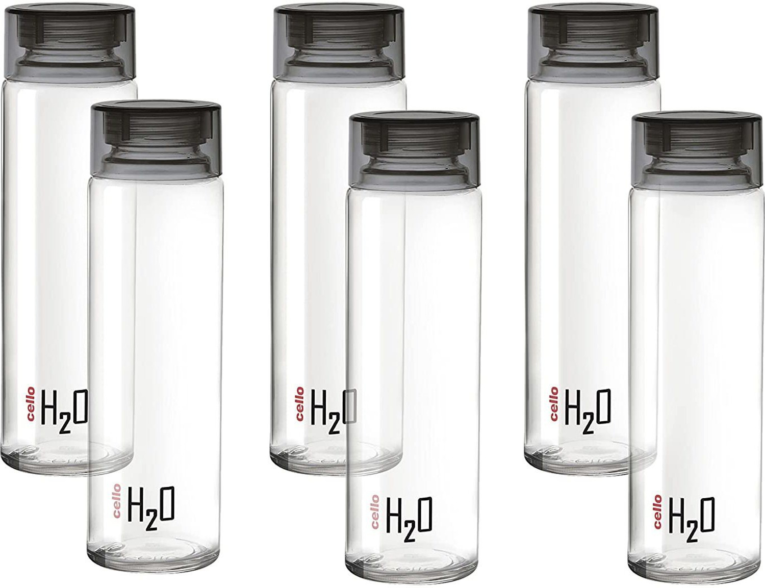 Image of cello H2O 1000 Glass Fridge Water Bottle with Plastic Cap, Set of 6, 920ml, Black 920 ml Glass Bottle