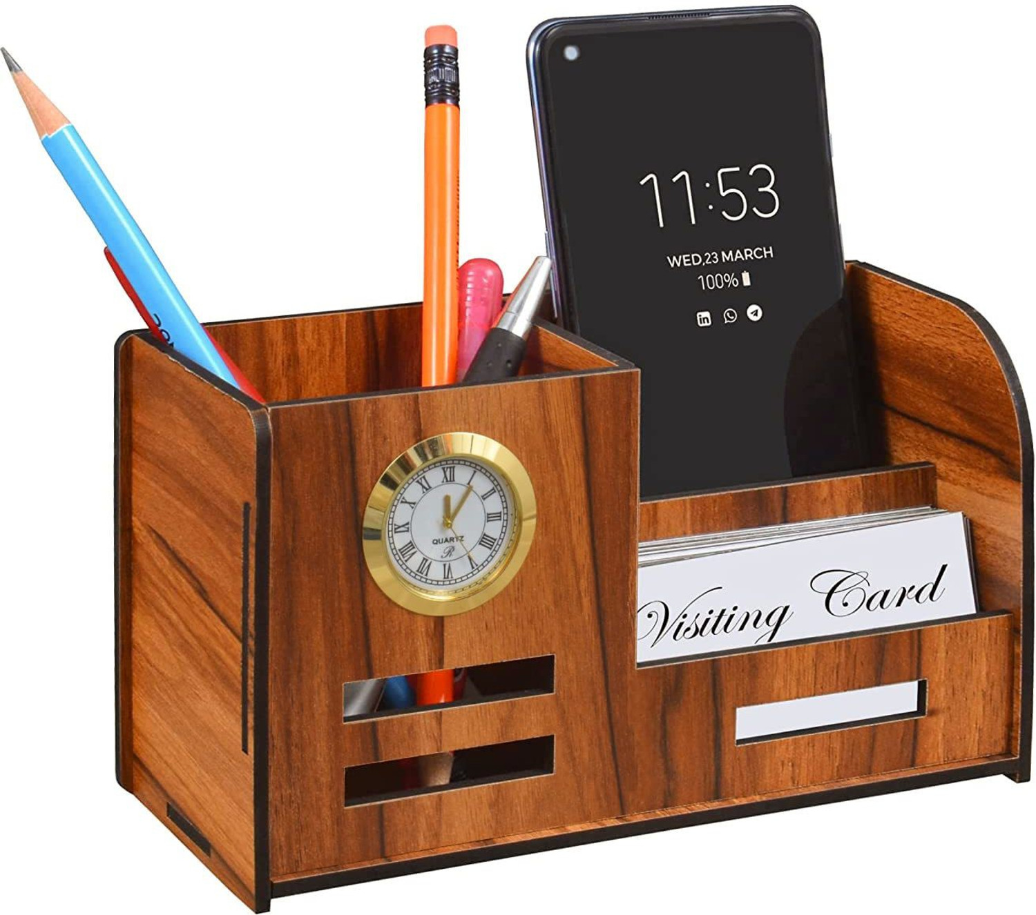 Image of STYLESLIDE 3 Compartments wooden pen and card stand
