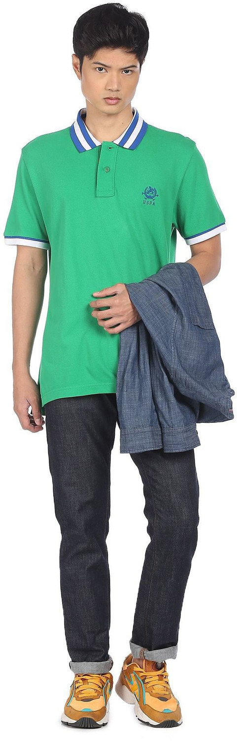 Image of U.S. POLO ASSN. Striped Men Polo Neck Green T-Shirt