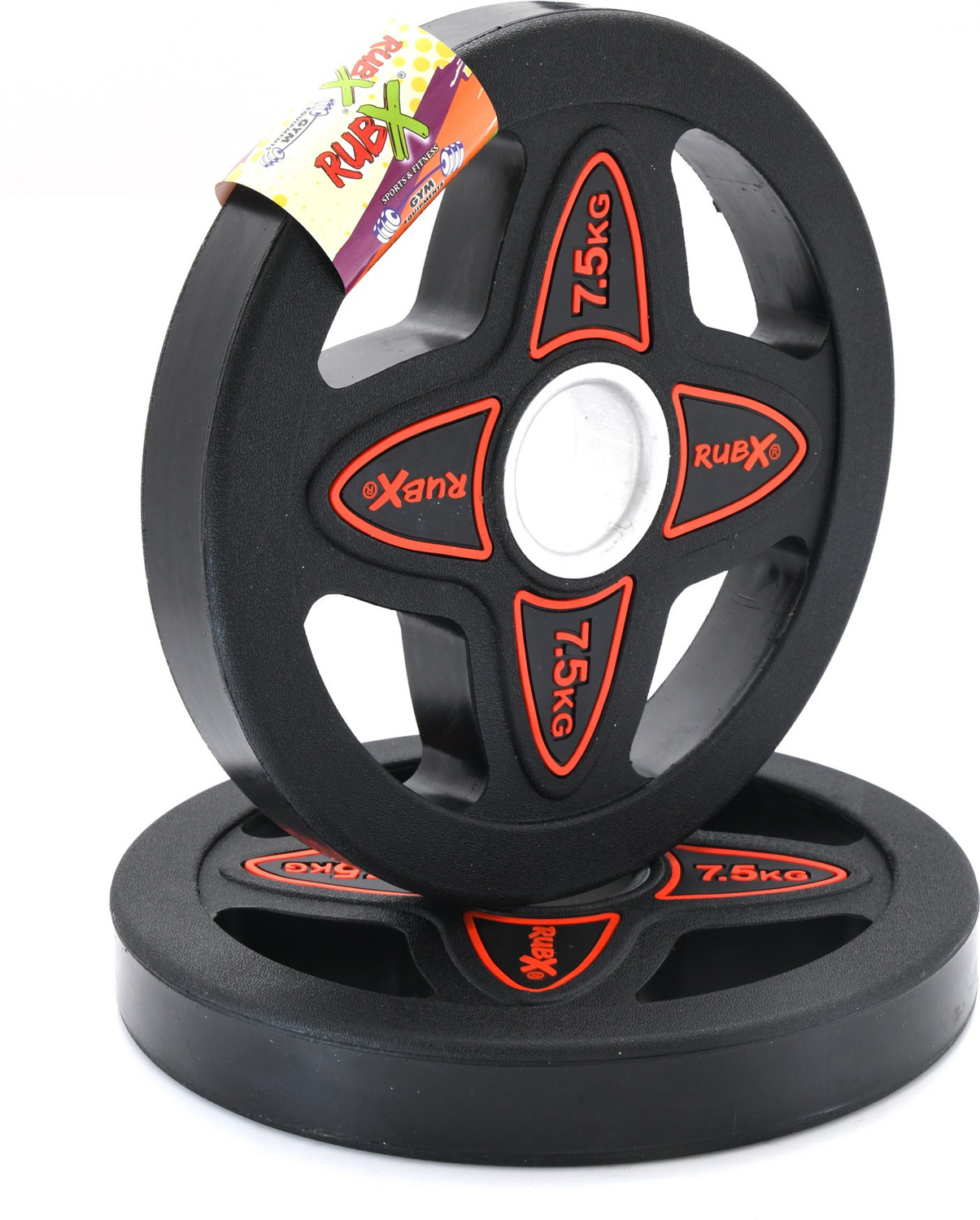 Image of RUBX Rubber Coated Solid Weight Plate Leaf|50 MM Olympic Weight|7.5 Kg x 2pc = 15 kg Black Weight Plate