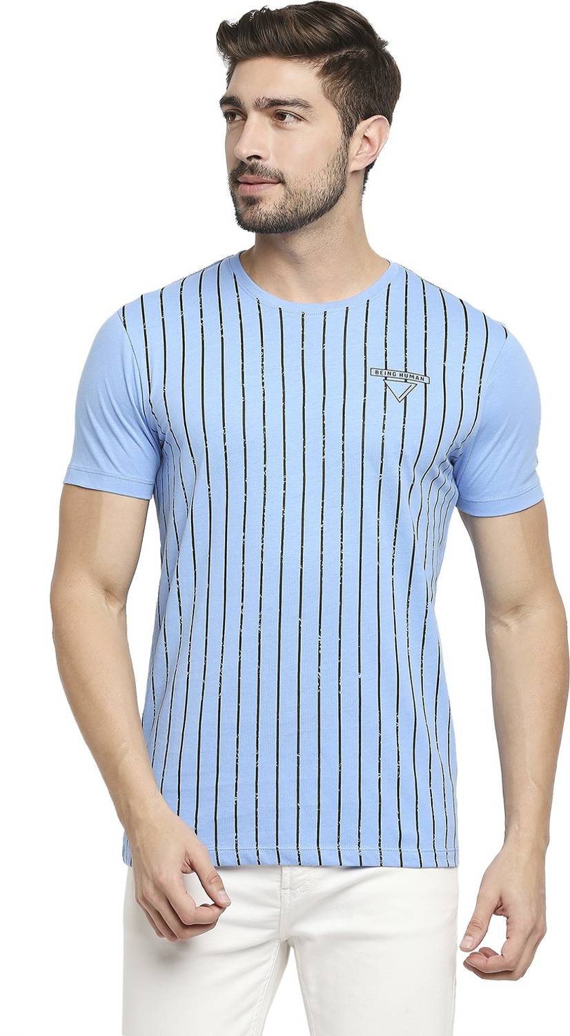 BEING HUMAN Solid Men Round Neck Light Blue T-Shirt