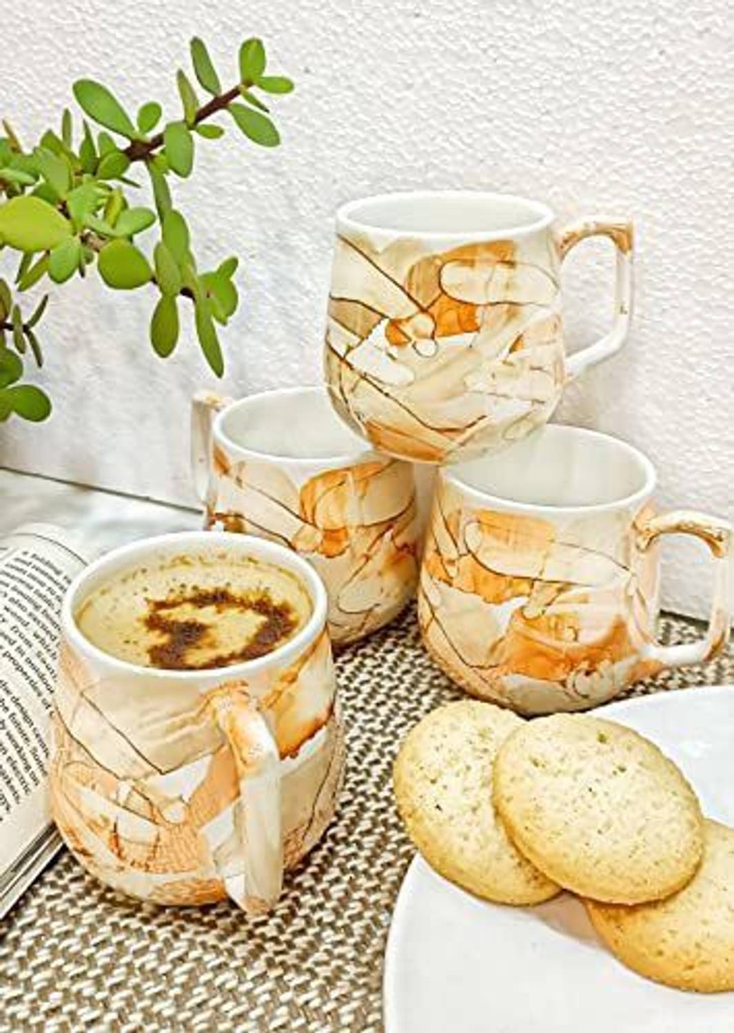 caffeine Pack of 1 Ceramic Caffeine Ceramic Golden Glossy Marble Tea Cup Set of 4