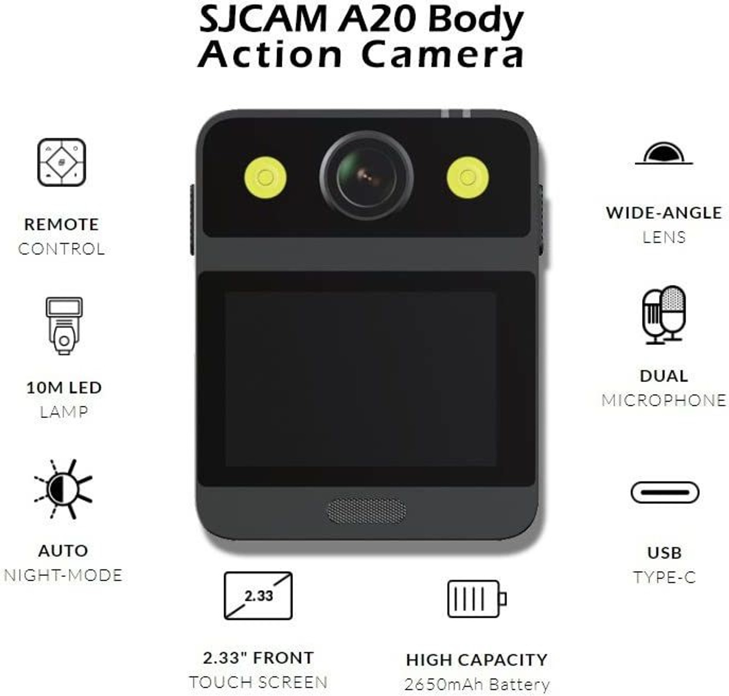 Image of SJCAM Body Cam A20 4k 24fps Gyro Stabilization Dual Microphone LED Light Waterproof Police Cam Body Cam Sports and Action Camera