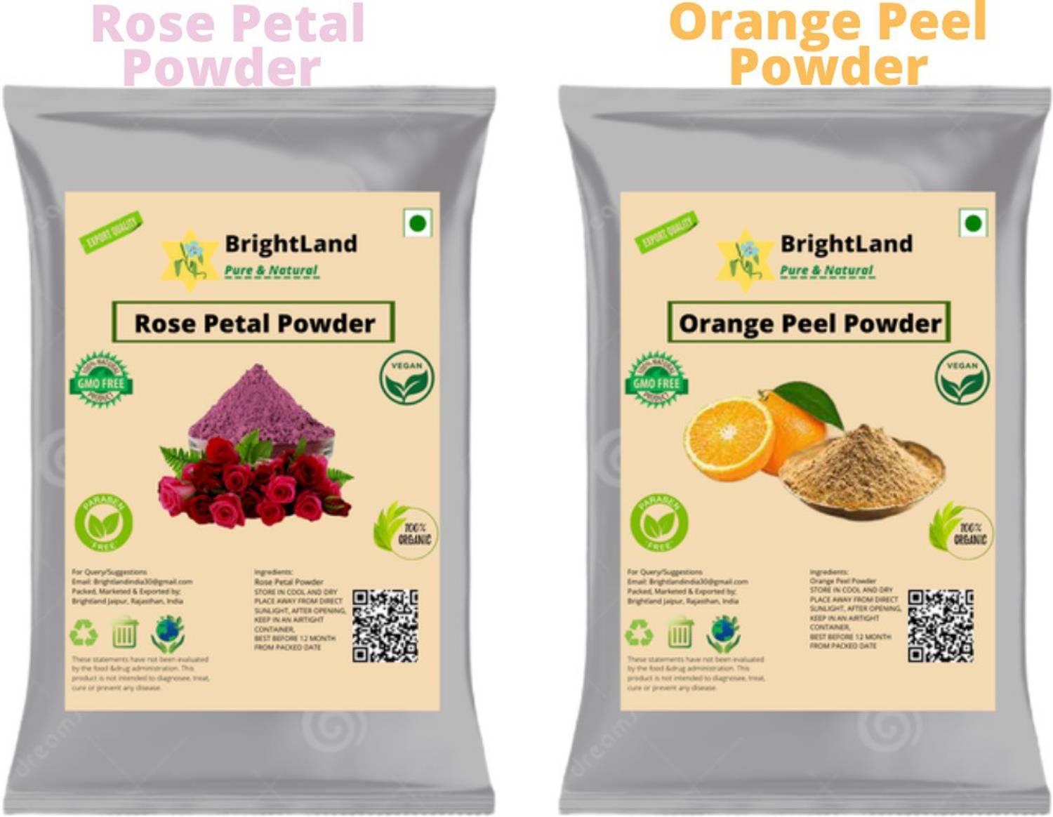 Brightland 100% Natural Orange Peel Powder and Rose Petal Powder For Face Pack And Skin Care [80gm Each]