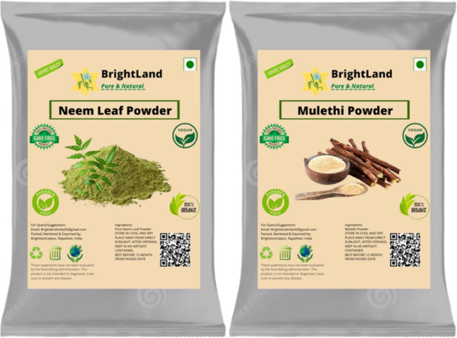 Brightland Organic Mulethi Powder (Glycyrrhiza Powder ) And Neem Leaf Powder for face and Skin [80gm Each]