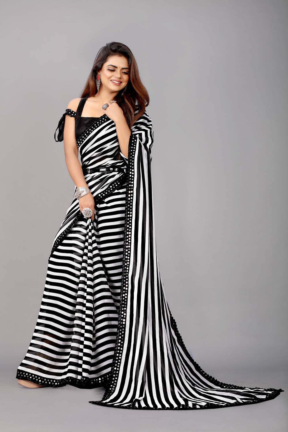 AARTI PRINTS Striped Bollywood Georgette Saree