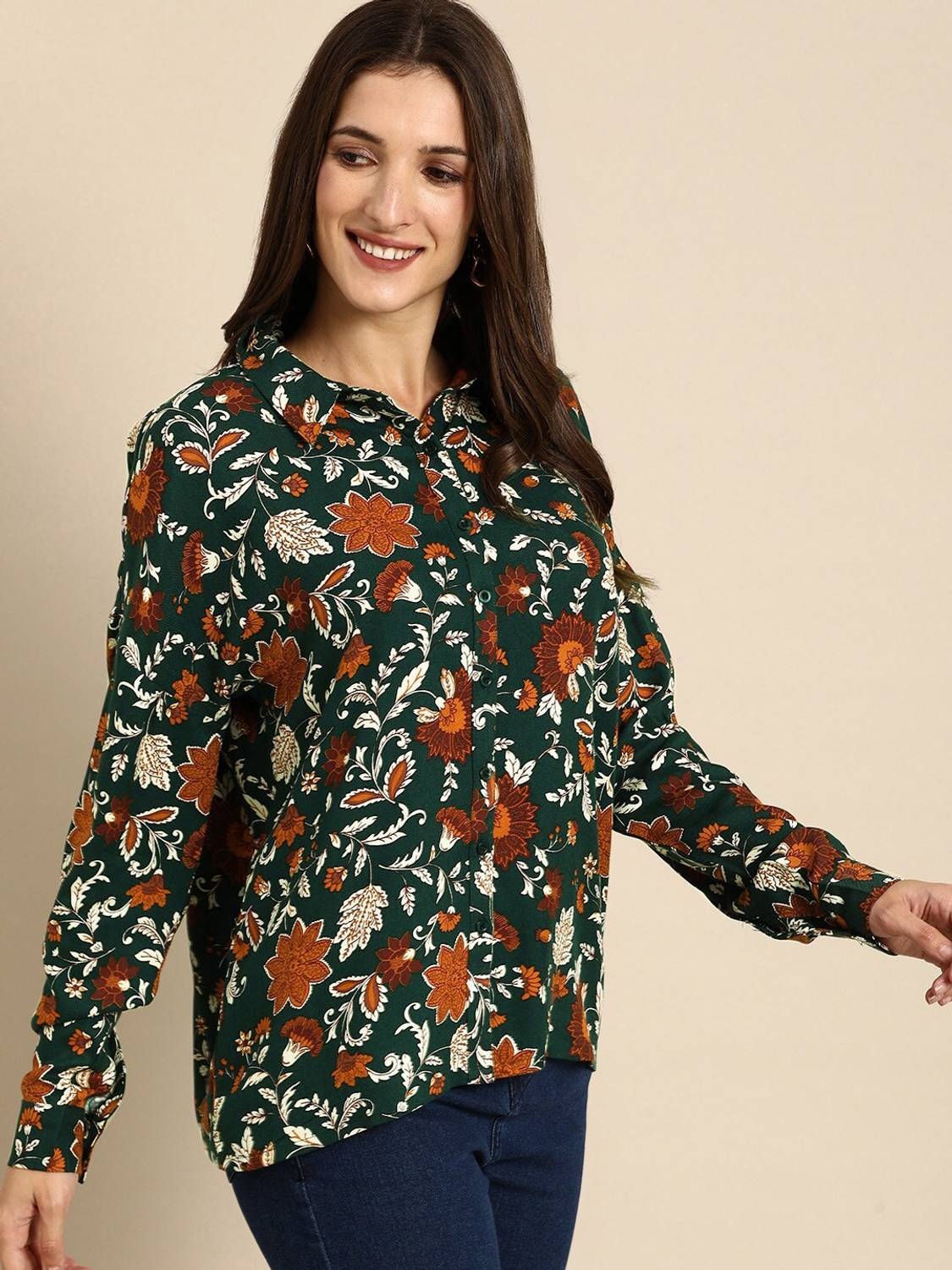 all about you Women Printed Casual Green Shirt